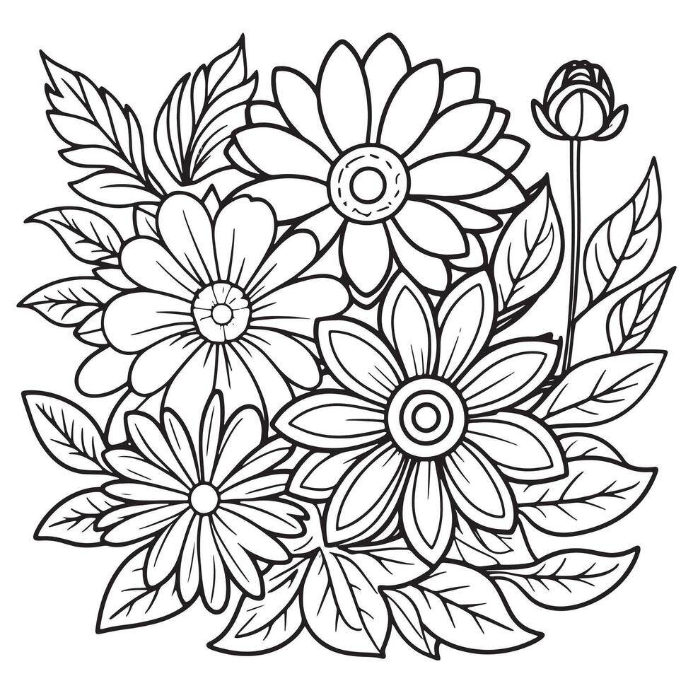 Children's floral outline illustration doodle coloring book hand drawn vector