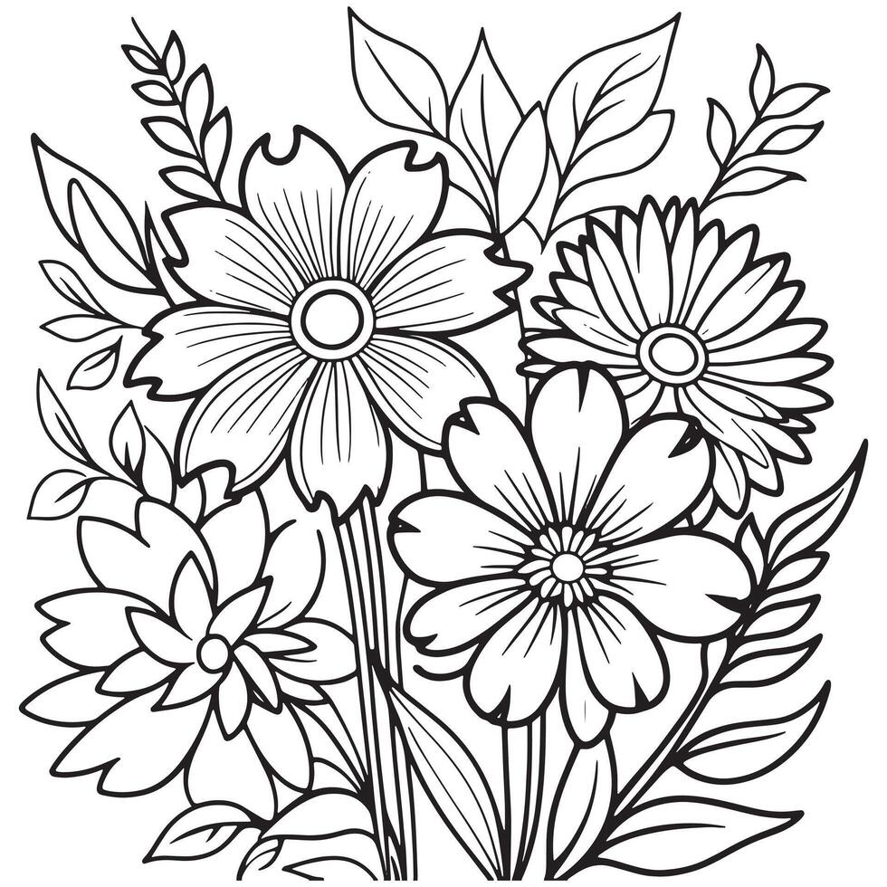 Children's floral outline illustration doodle coloring book hand drawn vector