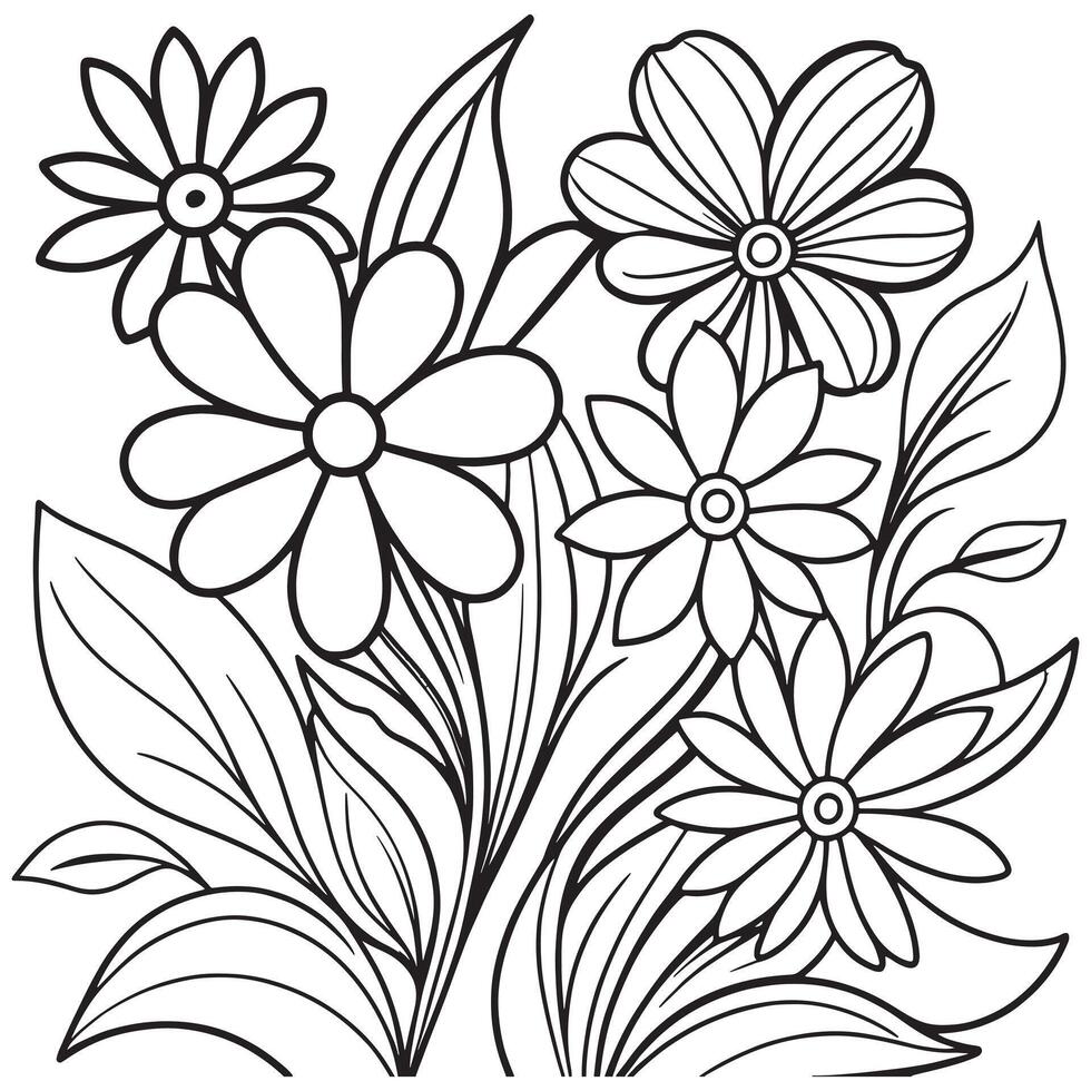 Children's floral outline illustration doodle coloring book hand drawn vector