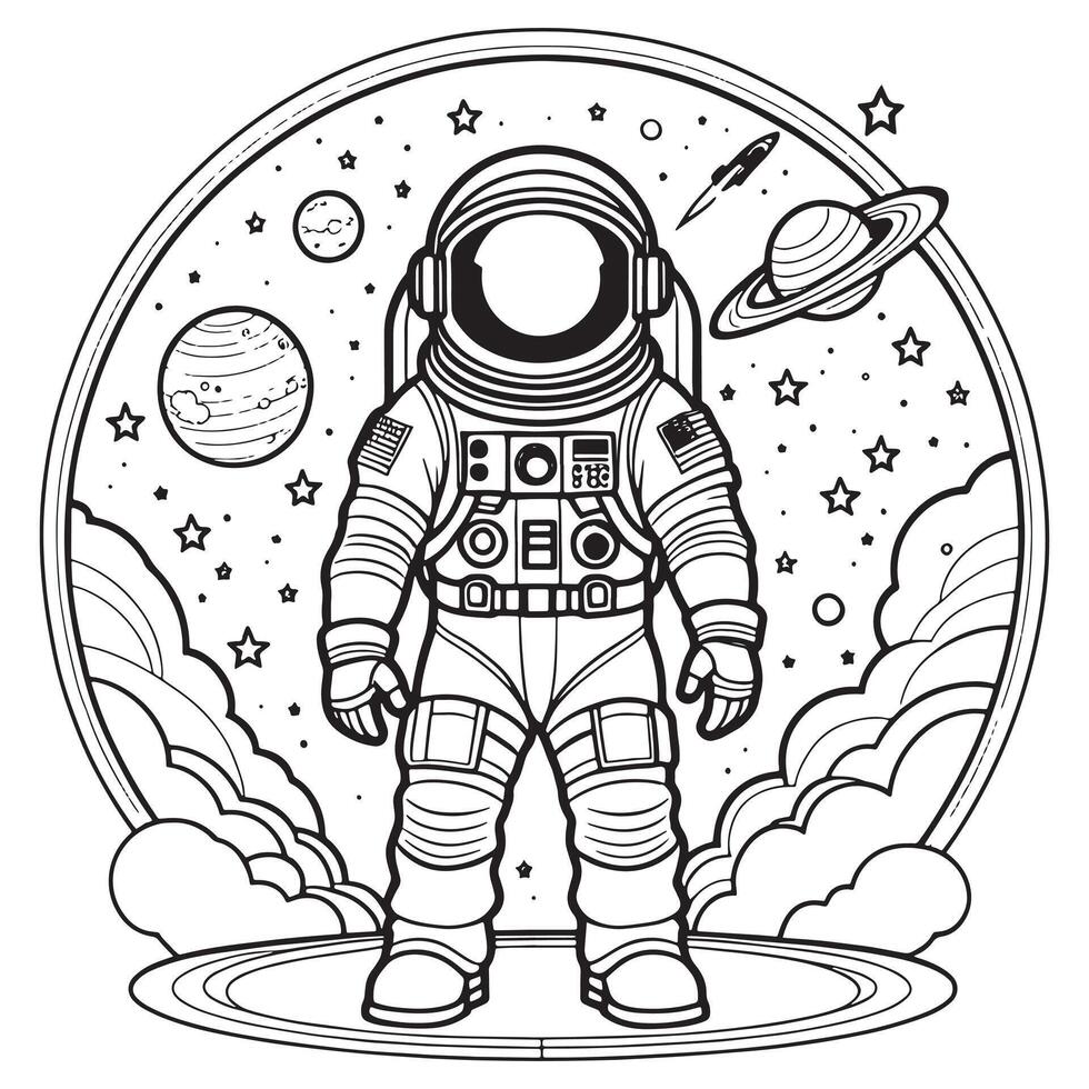 astronauta contorno colorante página ilustración para niños y adulto vector