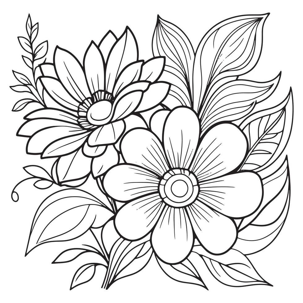 Children's floral outline illustration doodle coloring book hand drawn vector