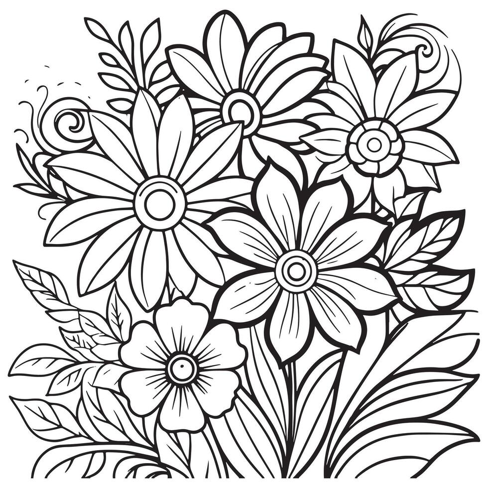 Children's floral outline illustration doodle coloring book hand drawn vector