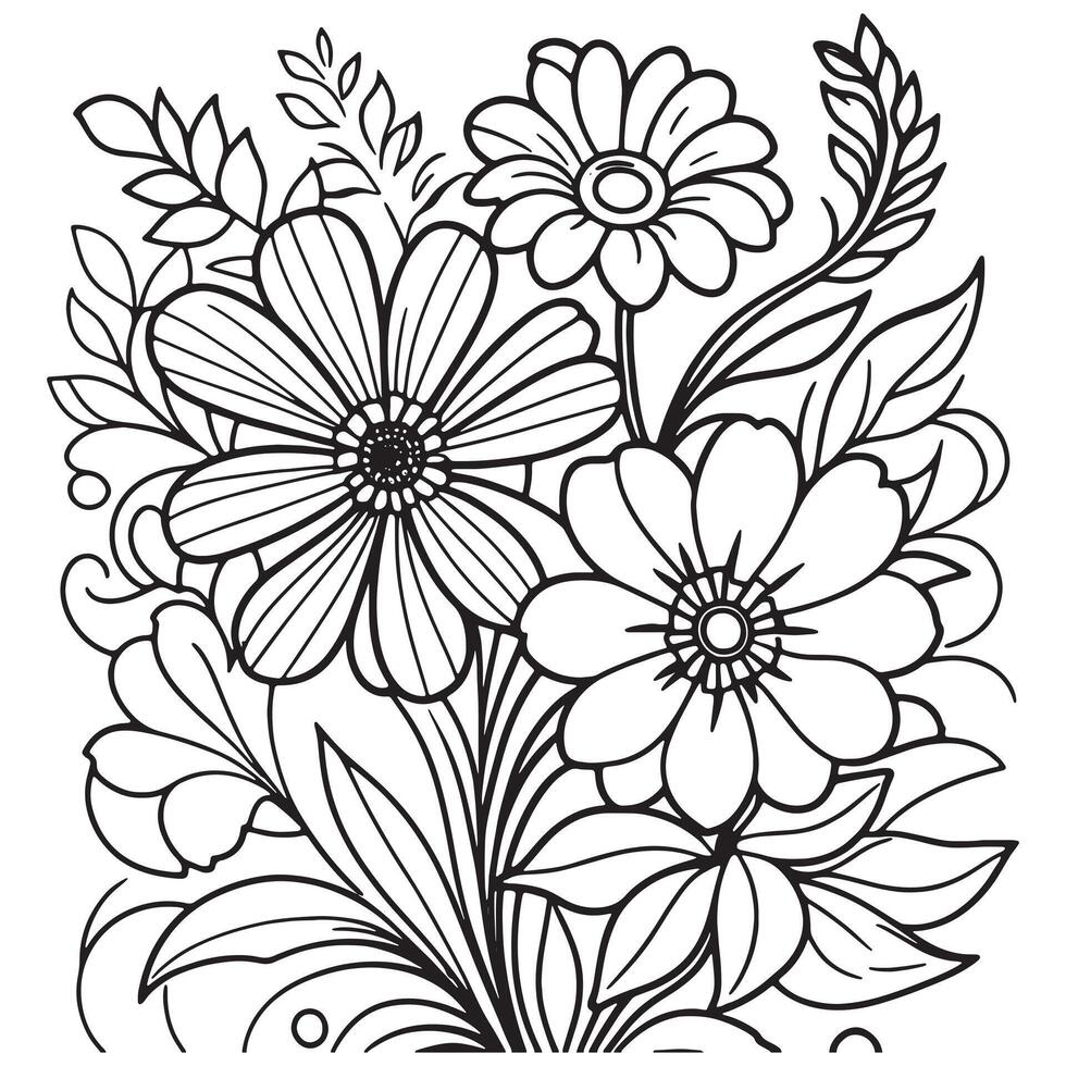 Children's floral outline illustration doodle coloring book hand drawn vector