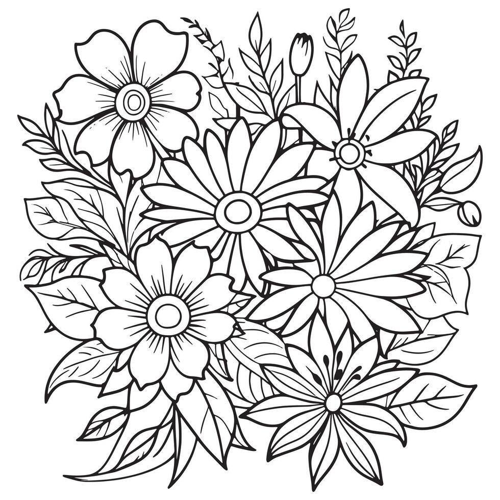 Children's floral outline illustration doodle coloring book hand drawn vector