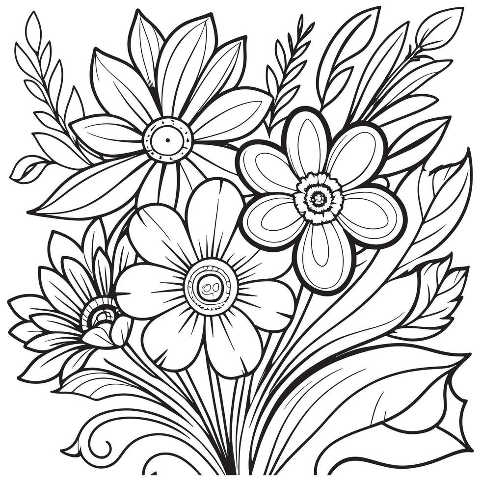 Children's floral outline illustration doodle coloring book hand drawn vector