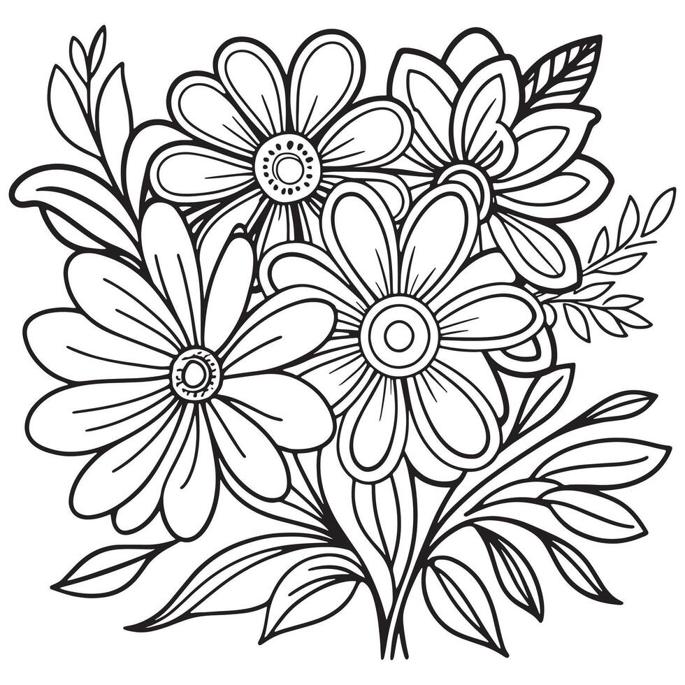 Children's floral outline illustration doodle coloring book hand drawn vector