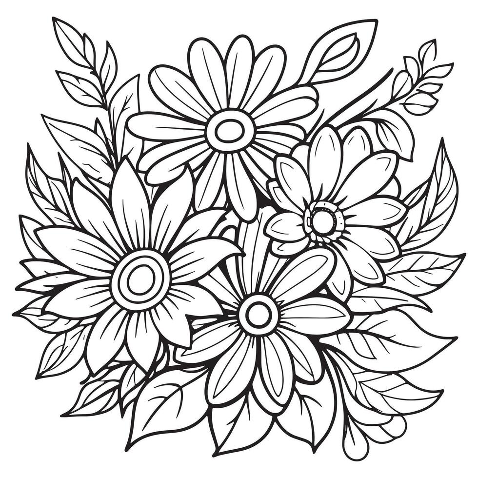 Children's floral outline illustration doodle coloring book hand drawn vector