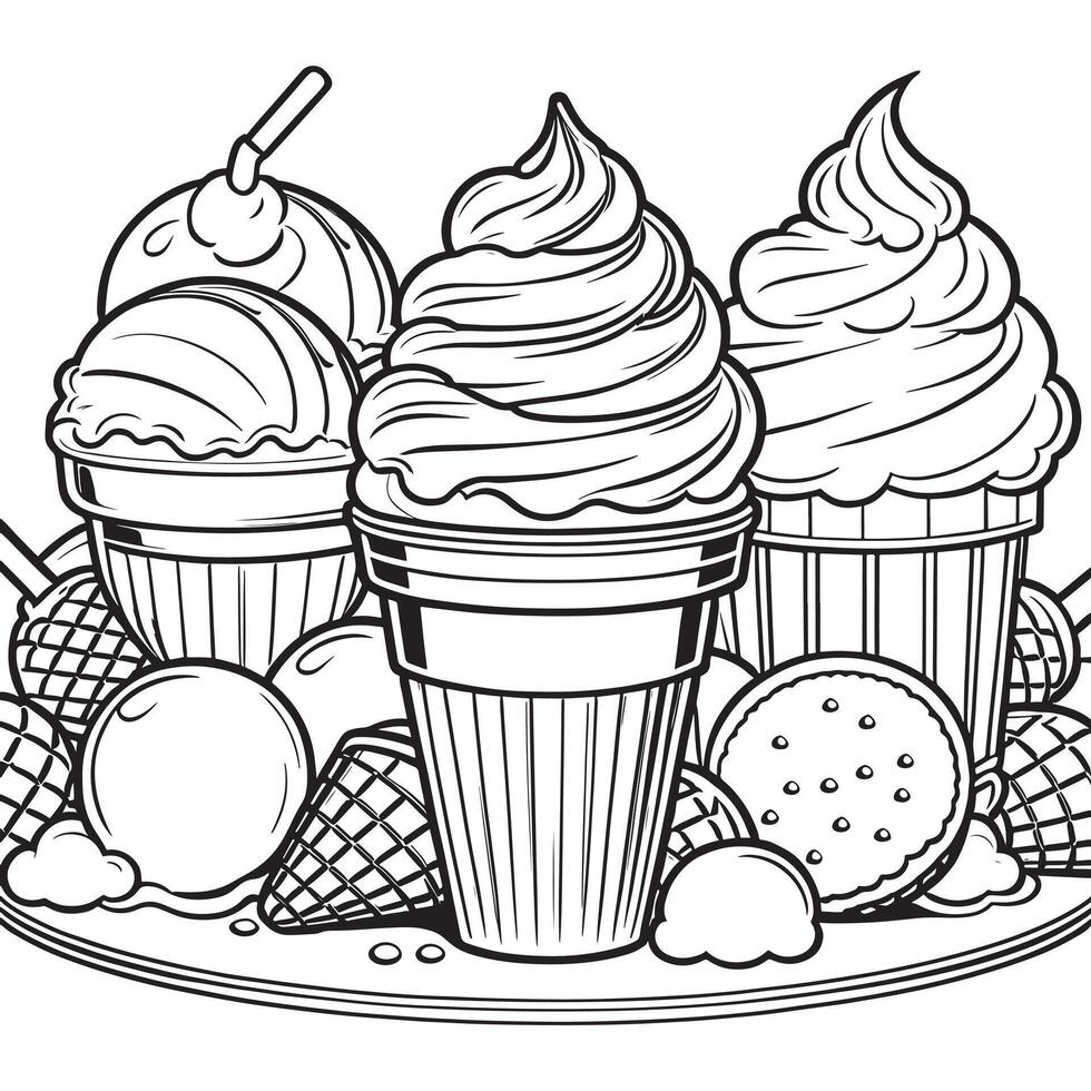 Ice cream outline coloring page illustration for children and adult vector