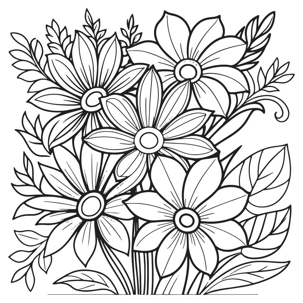 Children's floral outline illustration doodle coloring book hand drawn vector