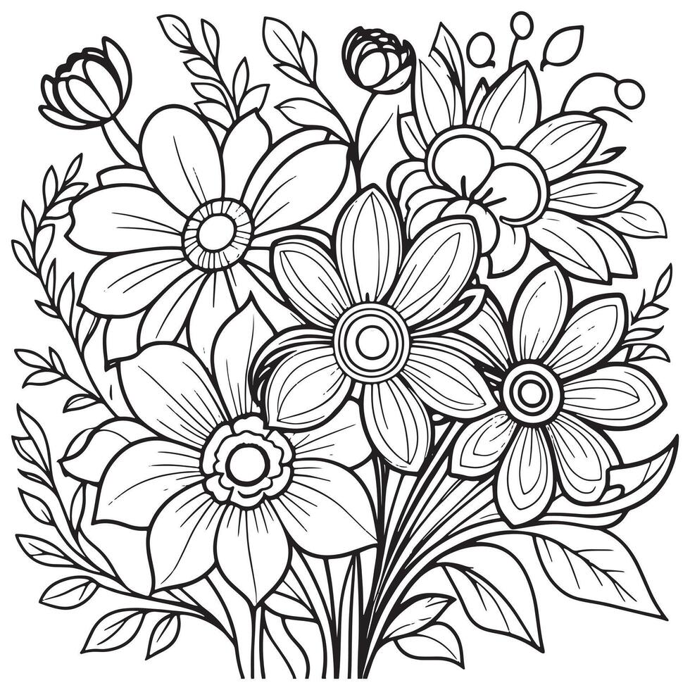 Children's floral outline illustration doodle coloring book hand drawn vector