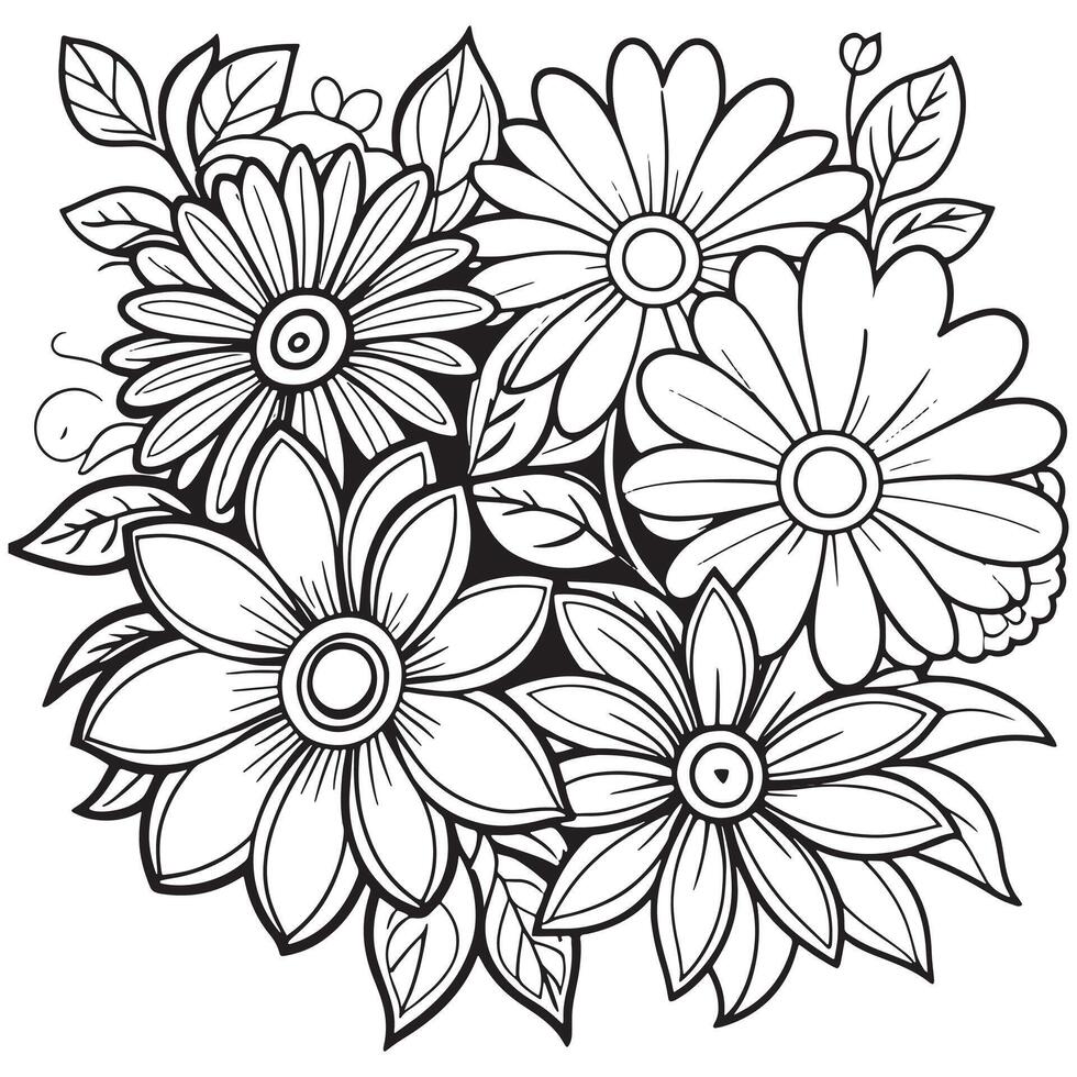 Floral outline drawing coloring book pages for children and adults vector