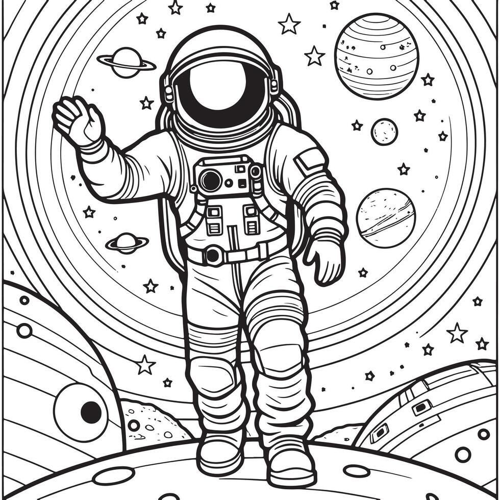 astronauta contorno colorante página ilustración para niños y adulto vector