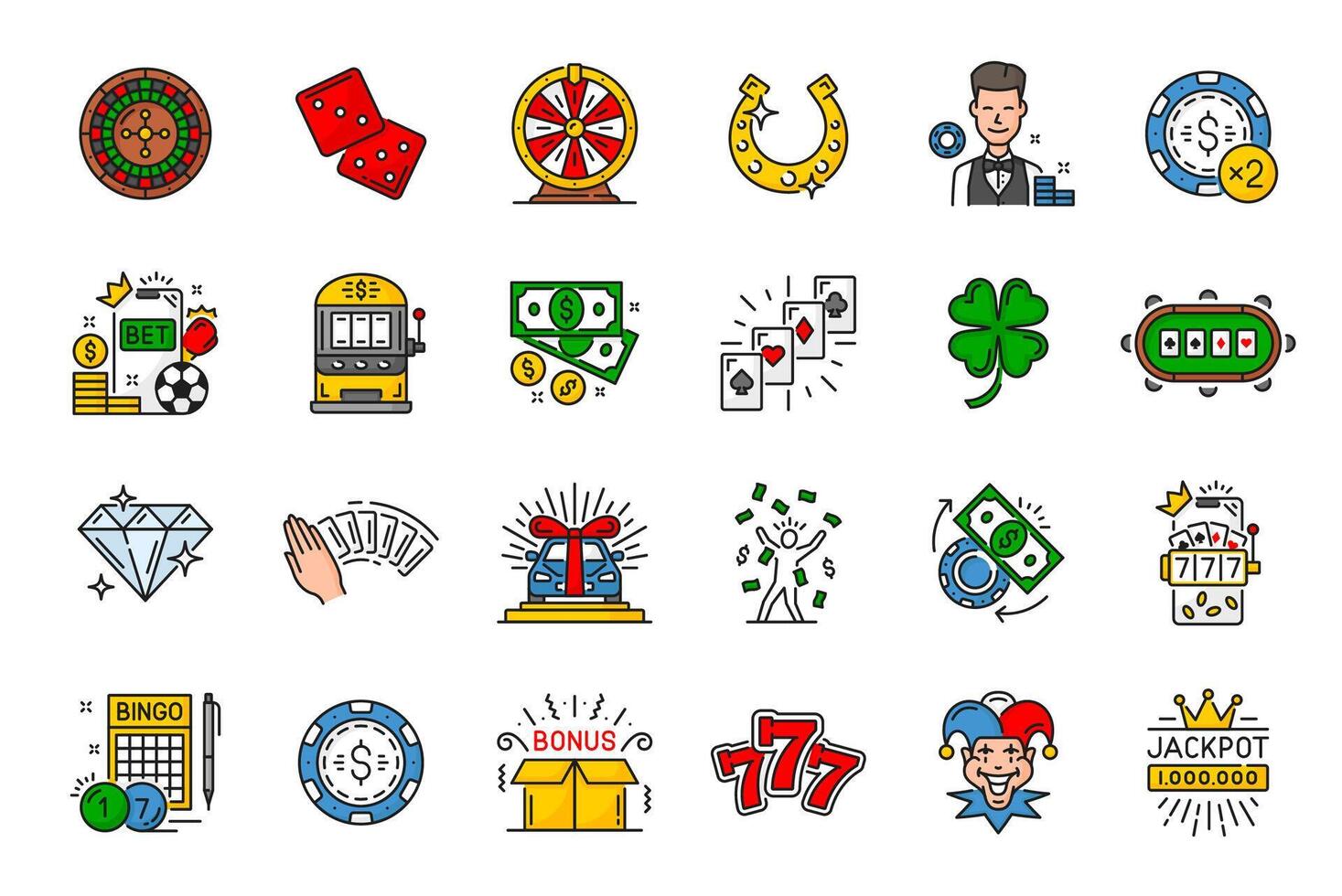 Casino line icons, vector roulette, lucky wheel