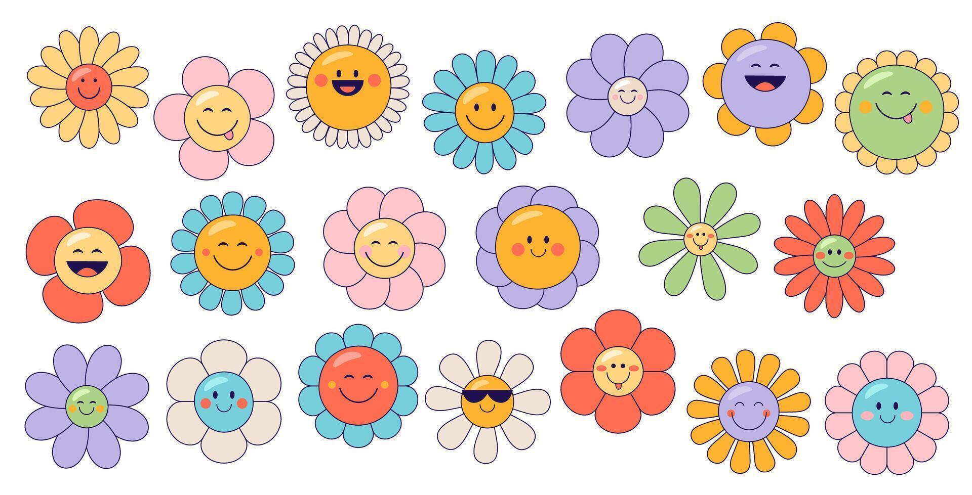 retro groovy daisy sunflower cute flower character vector
