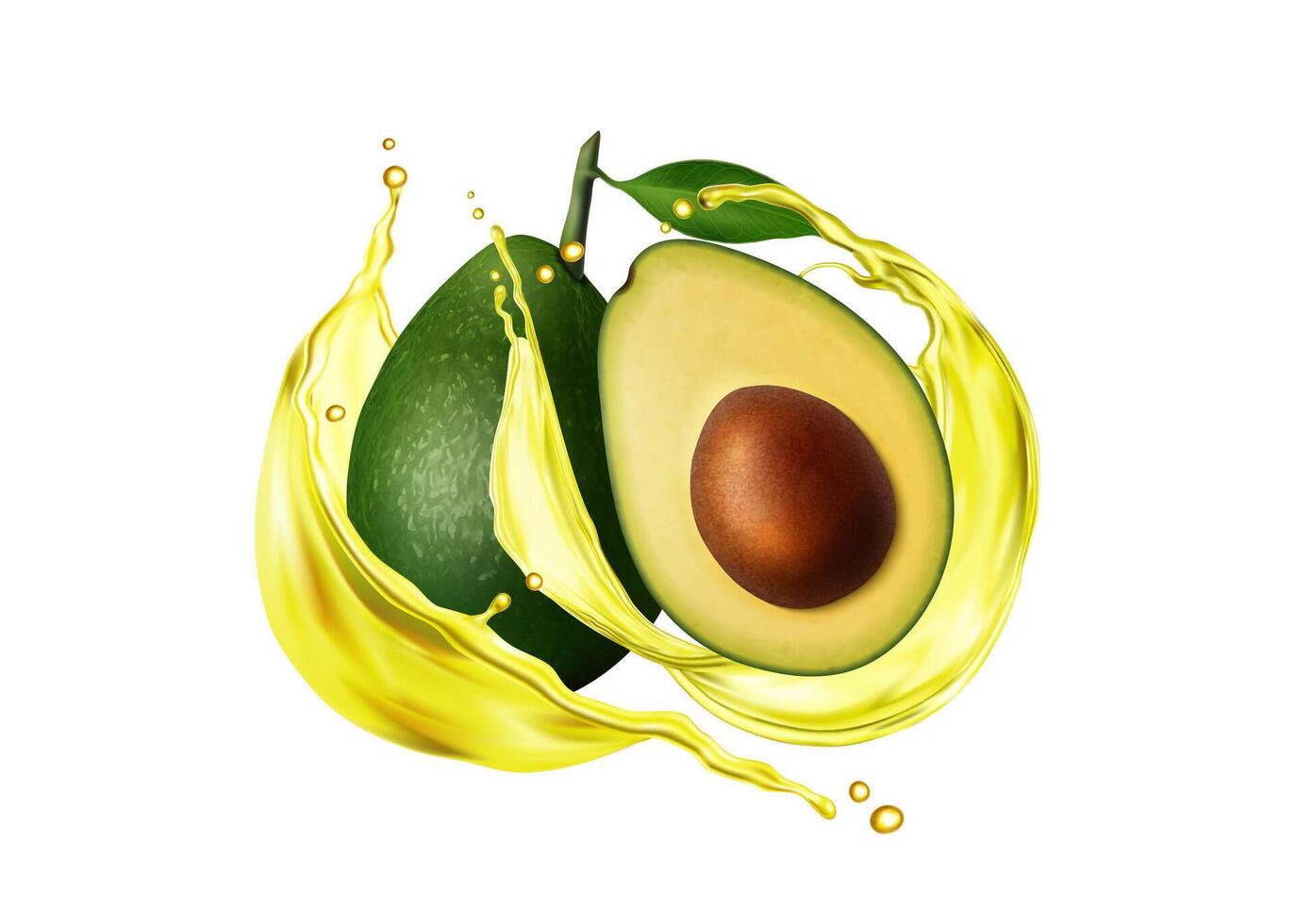 Realistic avocado in oil swirl with splash drops vector