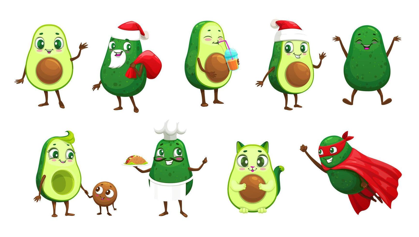 Cartoon mexican avocado characters, vector fruits