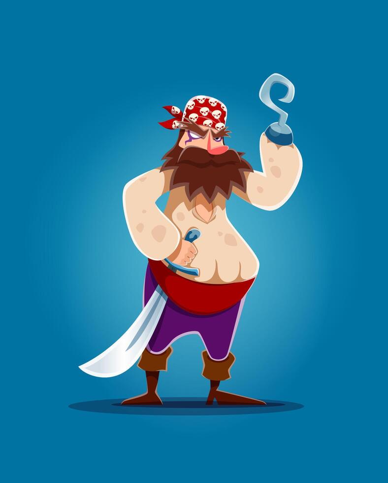 Cartoon pirate captain corsair with hook hand vector