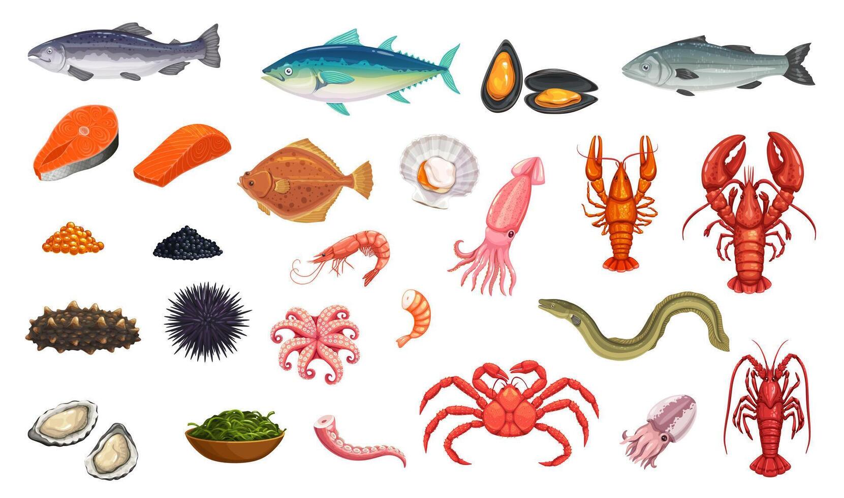 dibujos animados Mariscos y pez, vector alimento, mar animales