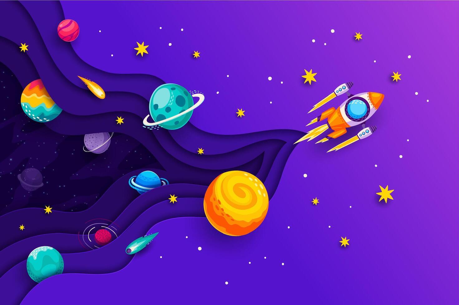 Universe space paper cut rocket and galaxy planets vector