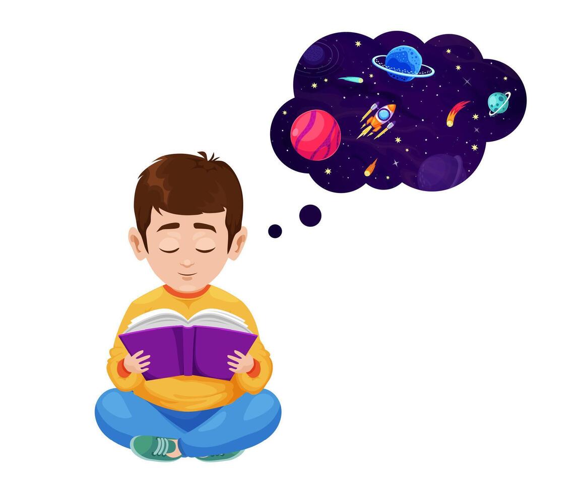 Boy reading book and dreaming about galaxy space vector