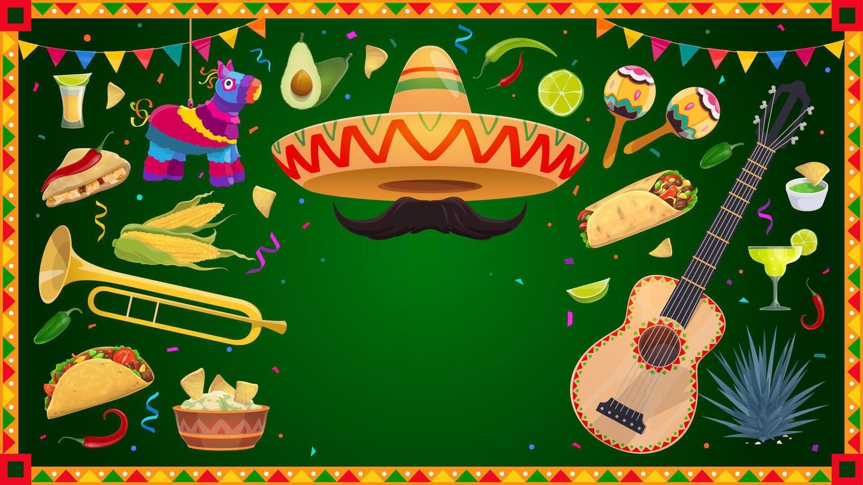 Mexican holiday banner frame with guitar, maracas vector