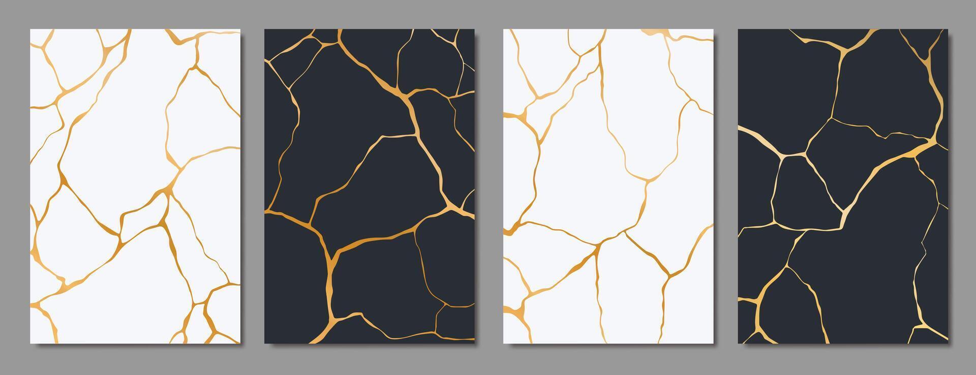 Kintsugi golden cracks, marble texture pattern vector