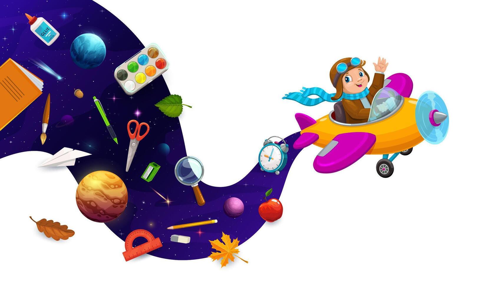 Kid pilot plane on space wave with school supplies vector