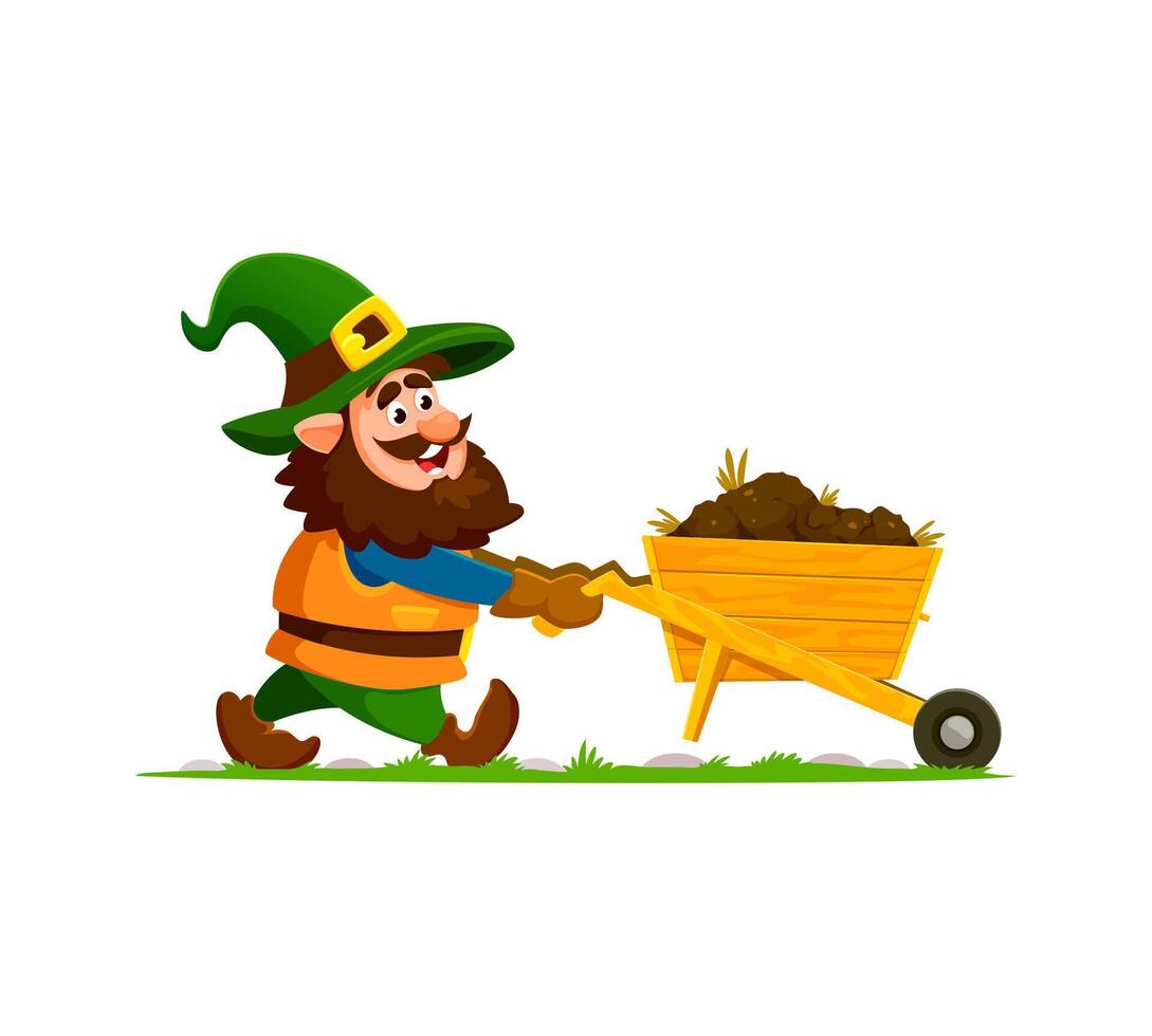 Cartoon gnome gardener push wheelbarrow with soil vector