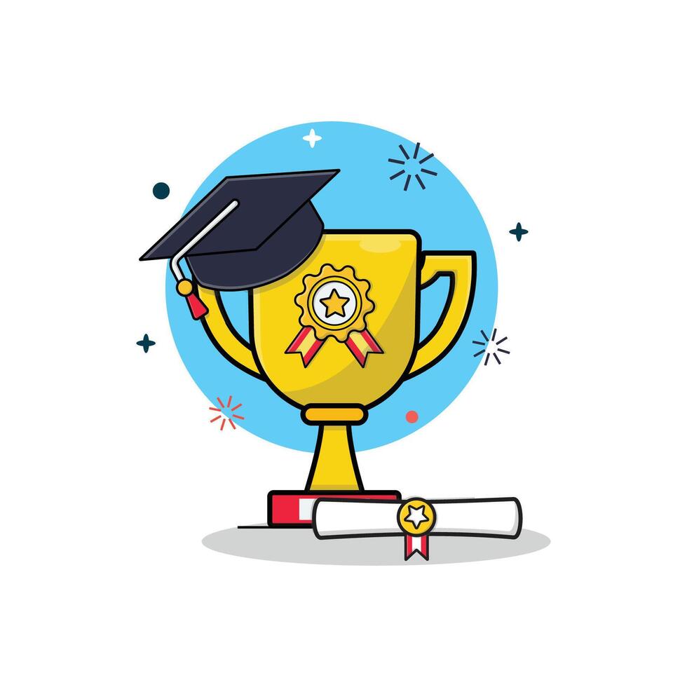 Trophy with Graduation Cap and Book Vector Illustration. Academic Achievement Concept Design