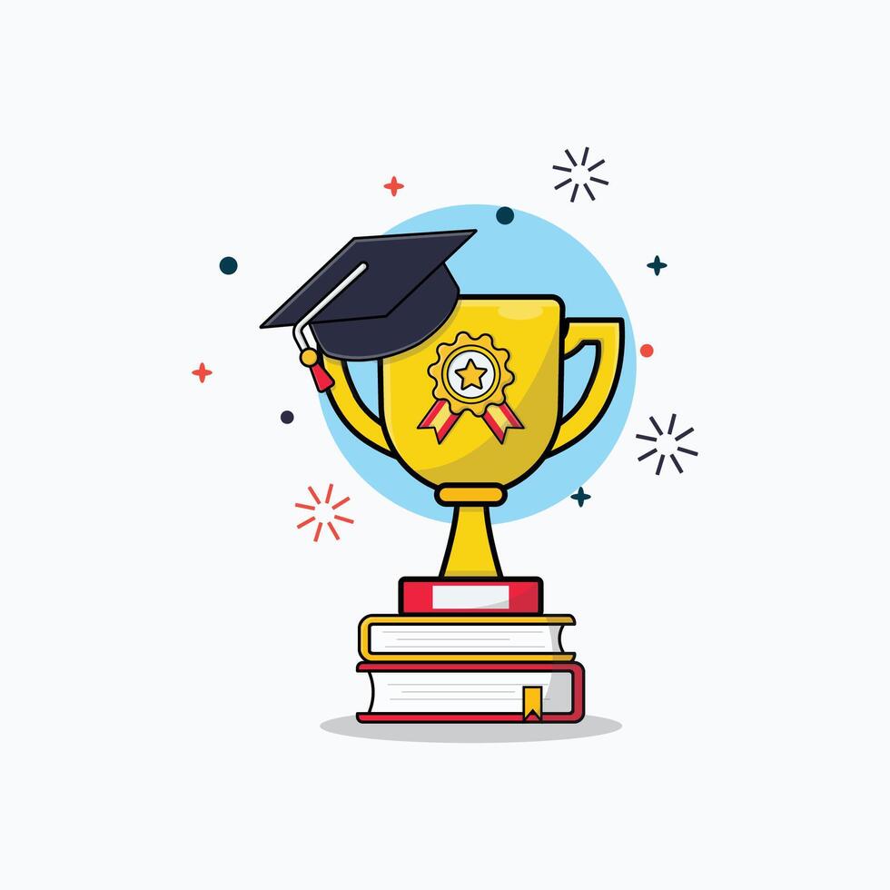 Graduation Certificate and Hat with Trophy Cup Vector Illustration