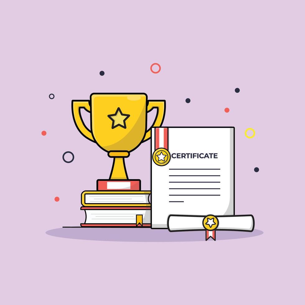 Certificate with Trophy and Books Vector Illustration. Academic Achievement Concept Design