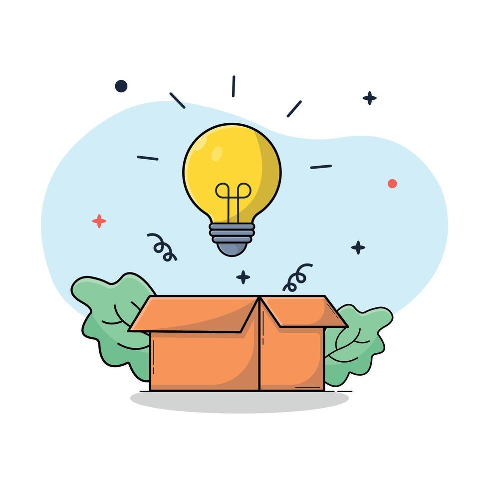 Light Idea Bulb and Cardboard Box Vector Illustration. Think Outside the Box Concept