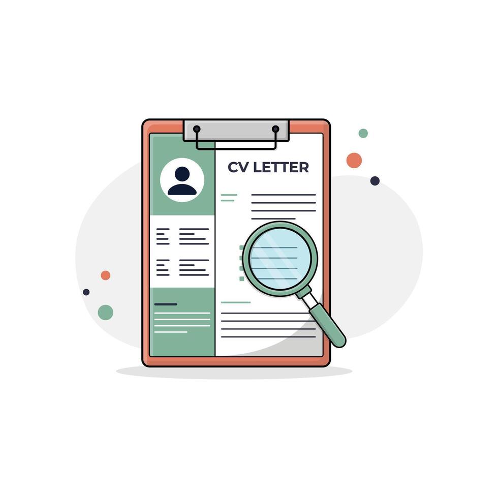 Cv in Clipboard with a Magnifying Glass Vector Illustration. Job Hiring Concept Design