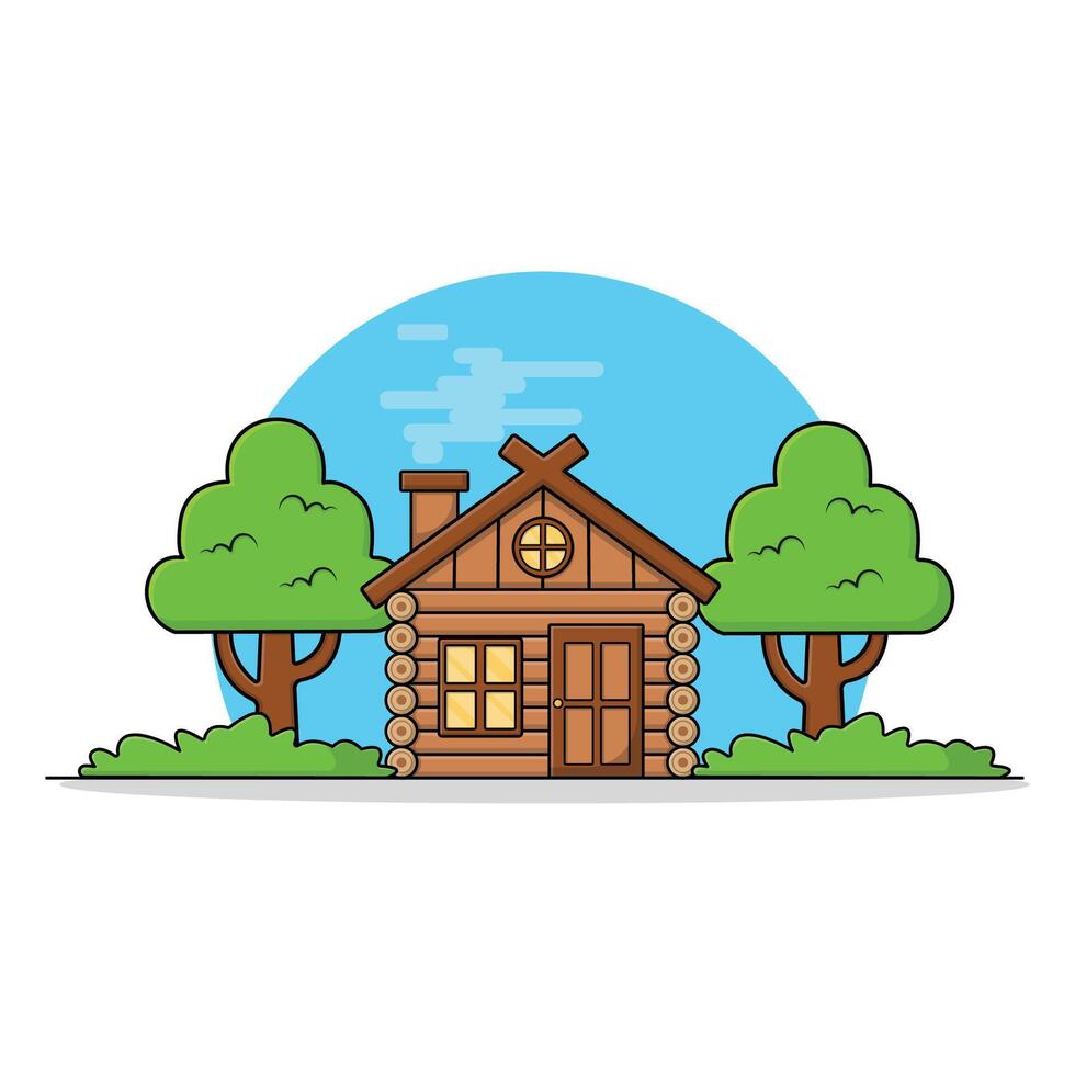 Wooden Forest Hut with Green Trees Vector Illustration