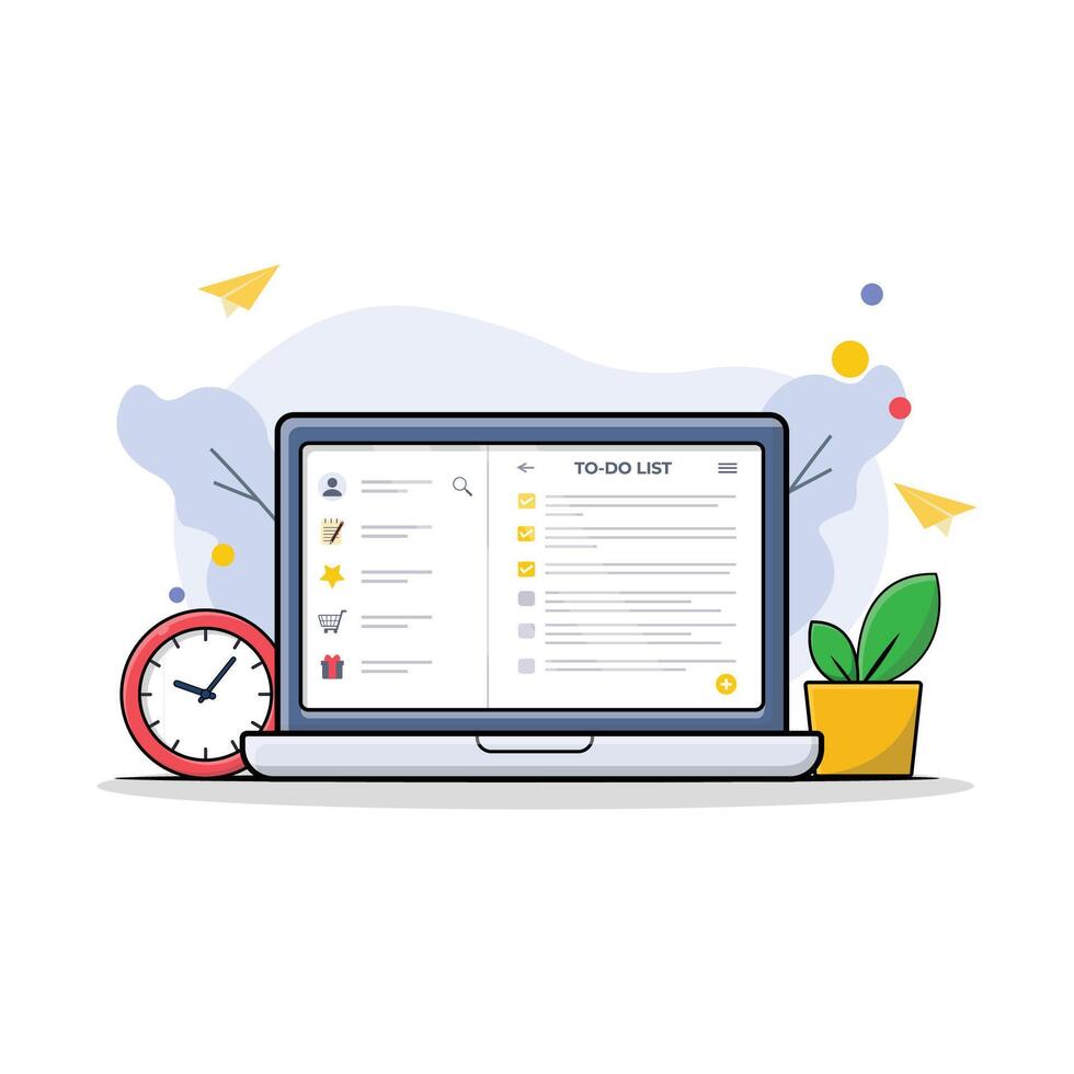 Todo List in Computer with Clock Vector Illustration. Work Process Concept Design