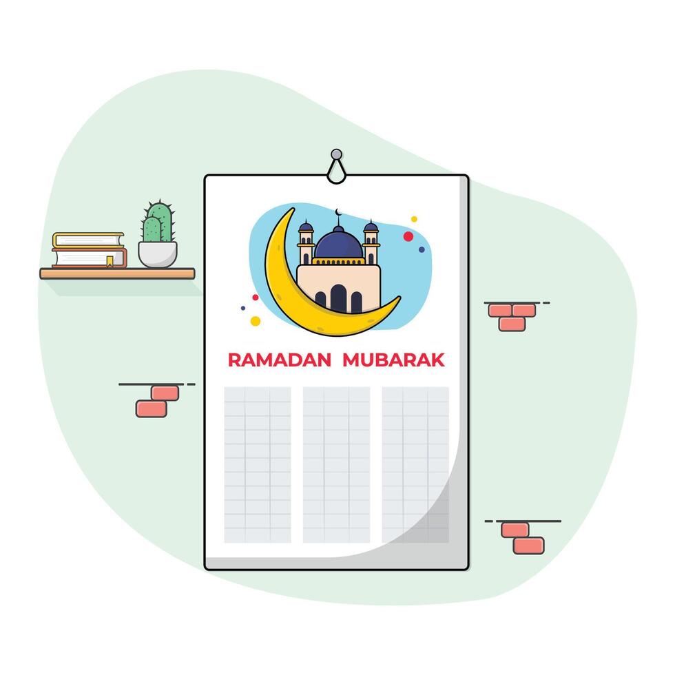 Ramadan Calendar on Wall Vector Illustration. Flat cartoon style Design