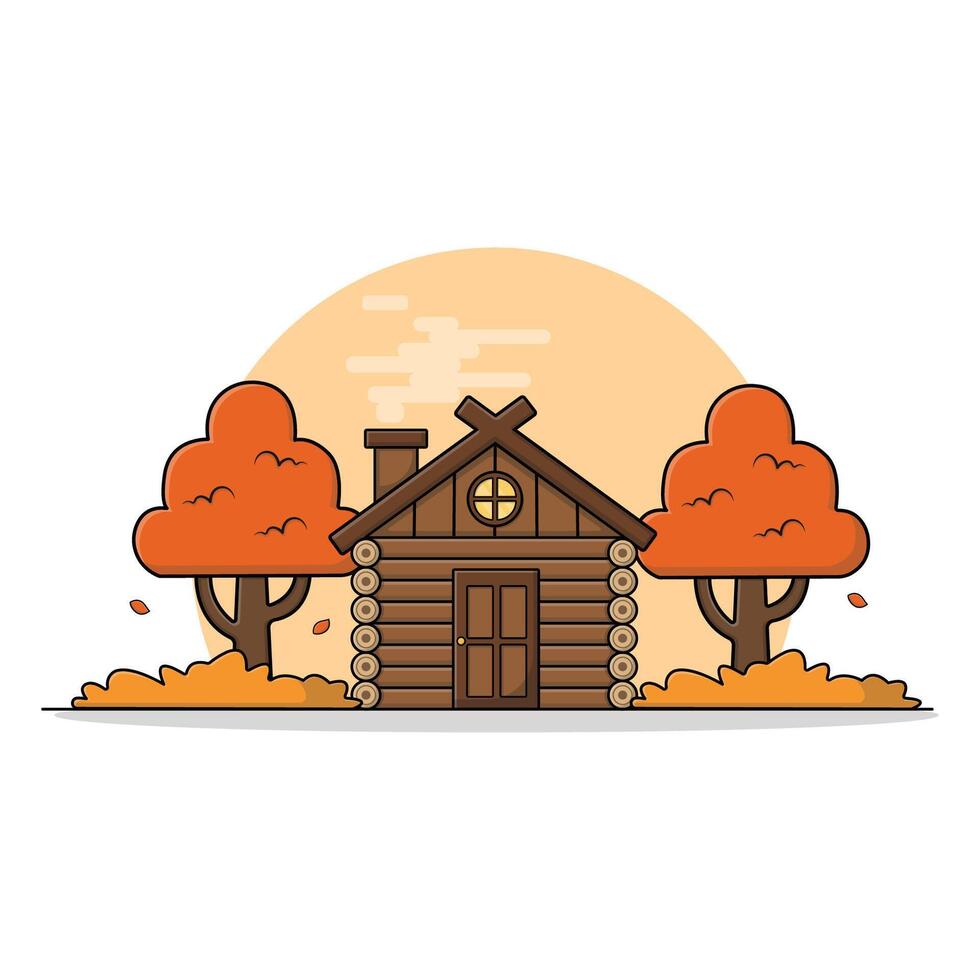 Wooden Forest Cottage in Autumn Season Vector Illustration