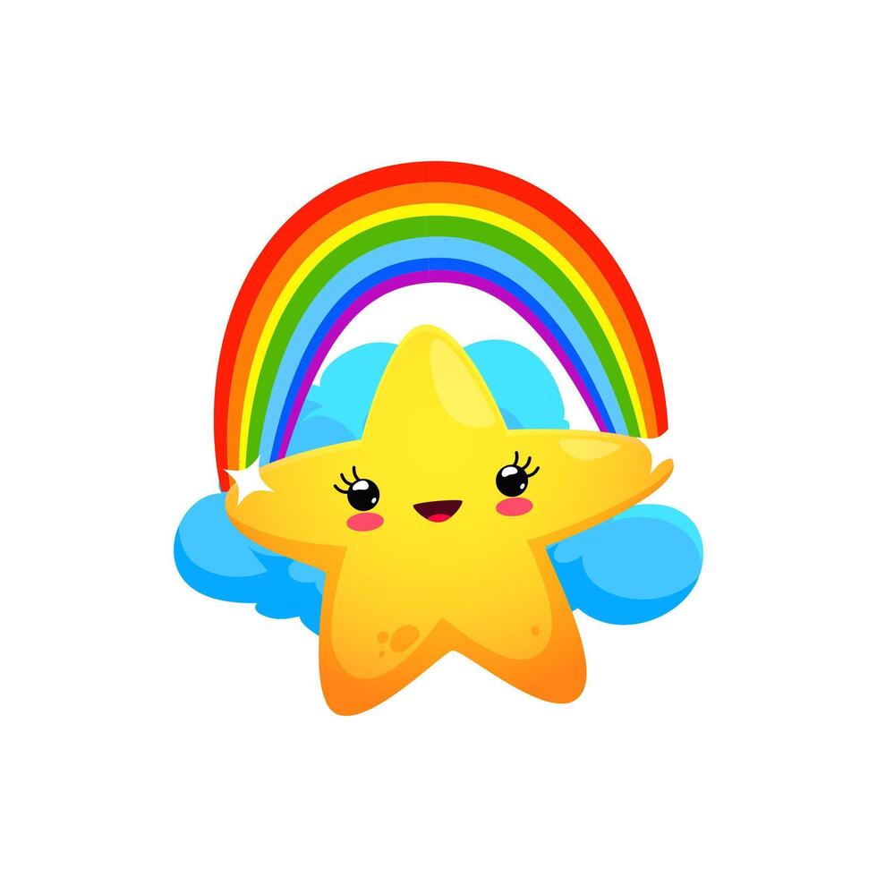 dibujos animados linda estrella kawaii personaje con arco iris vector