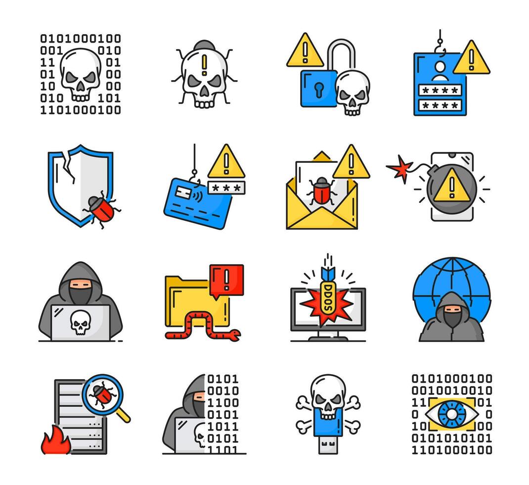 Cyber attack line icons, computer hackers crime vector