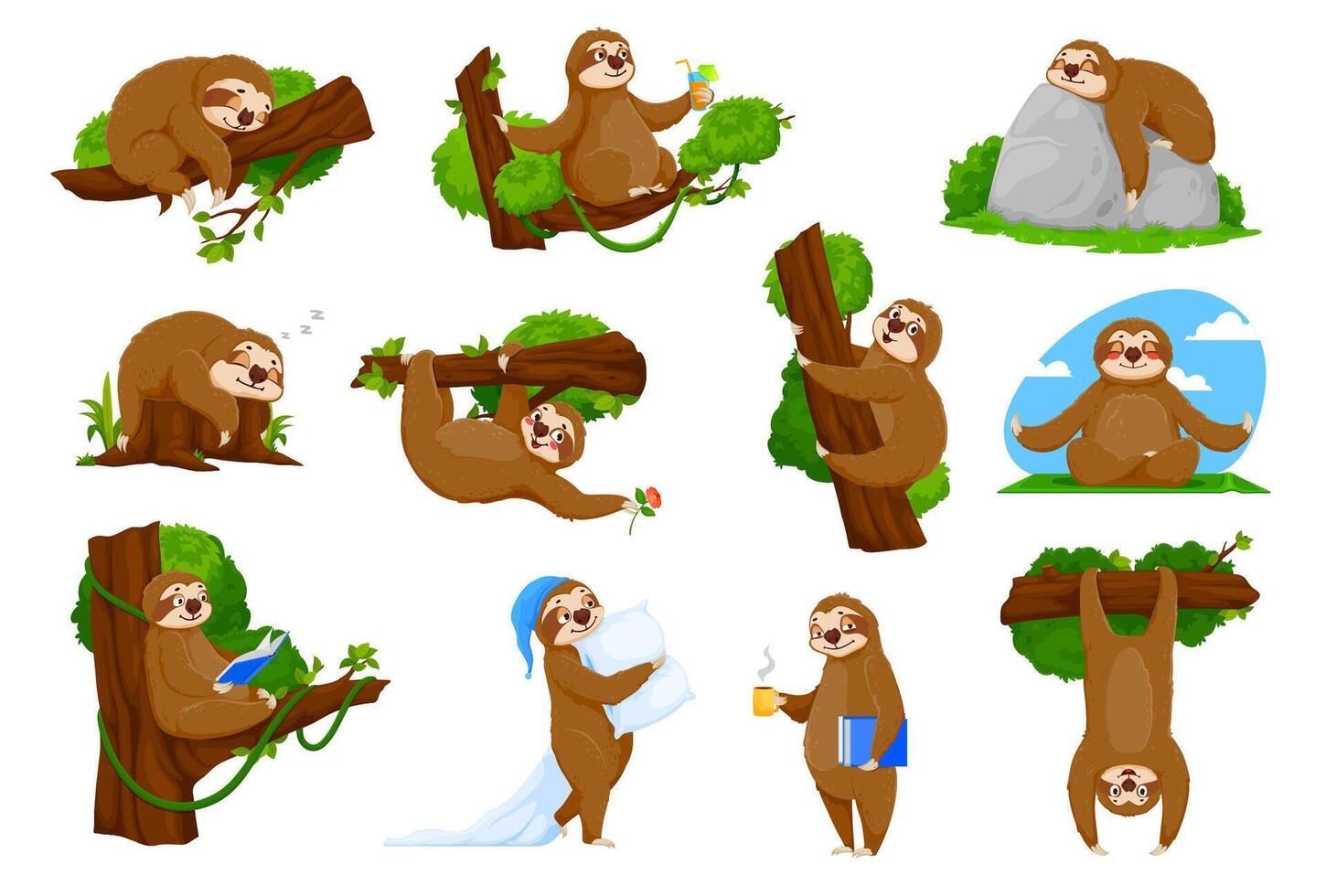Cartoon funny sloth characters, lazy sleepy animal vector