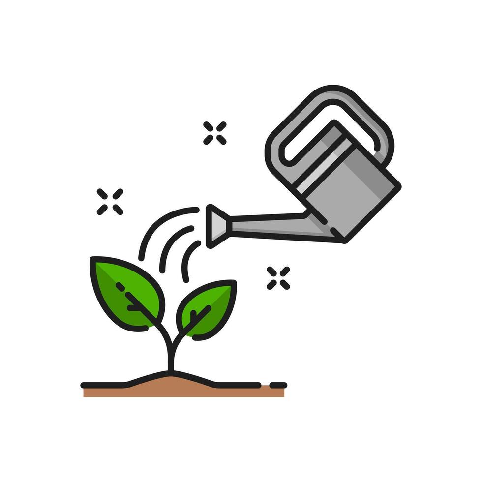 Plant sprout growing and watering can, line icon vector