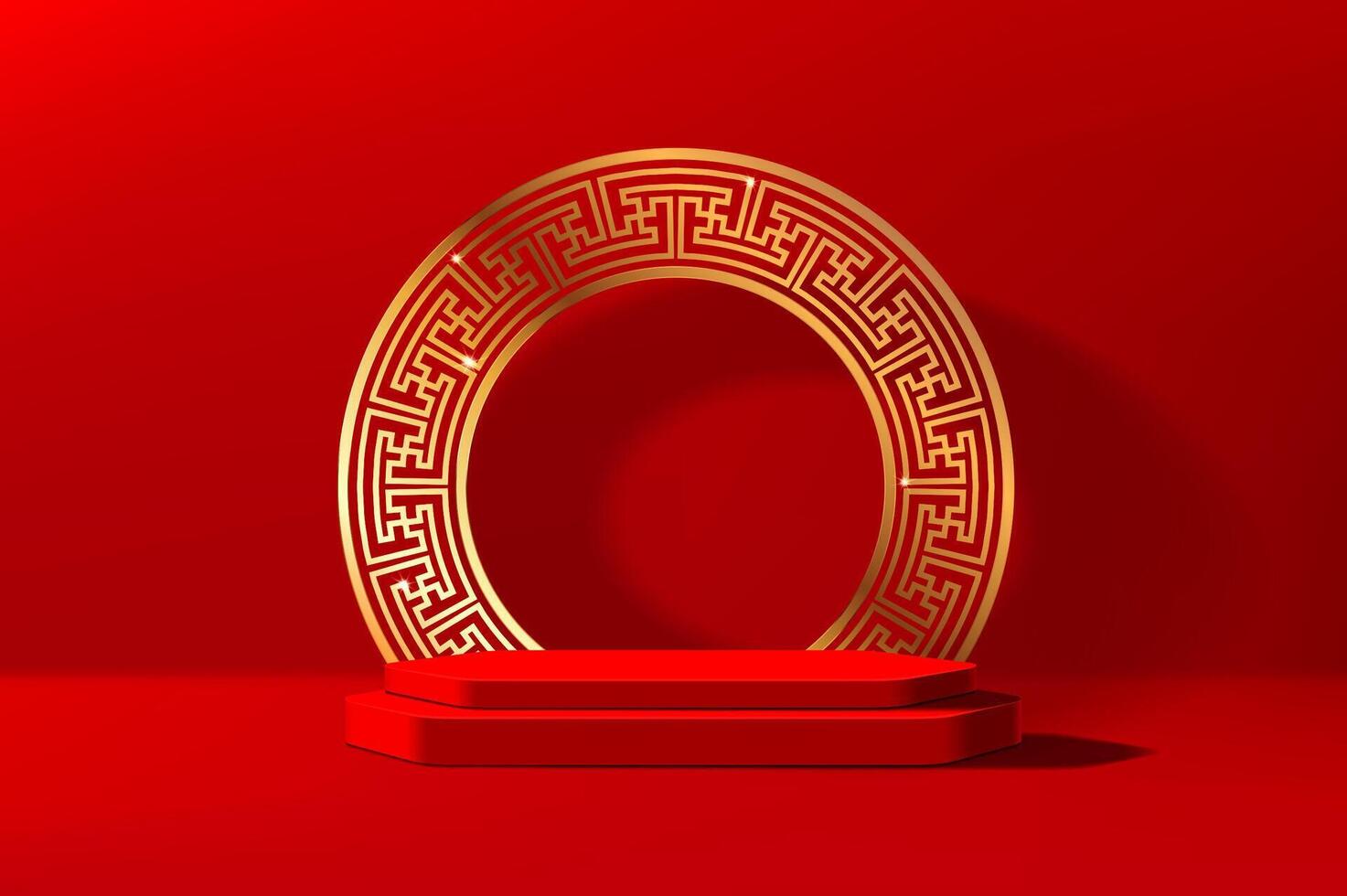 Red Chinese podium with golden round ornament vector