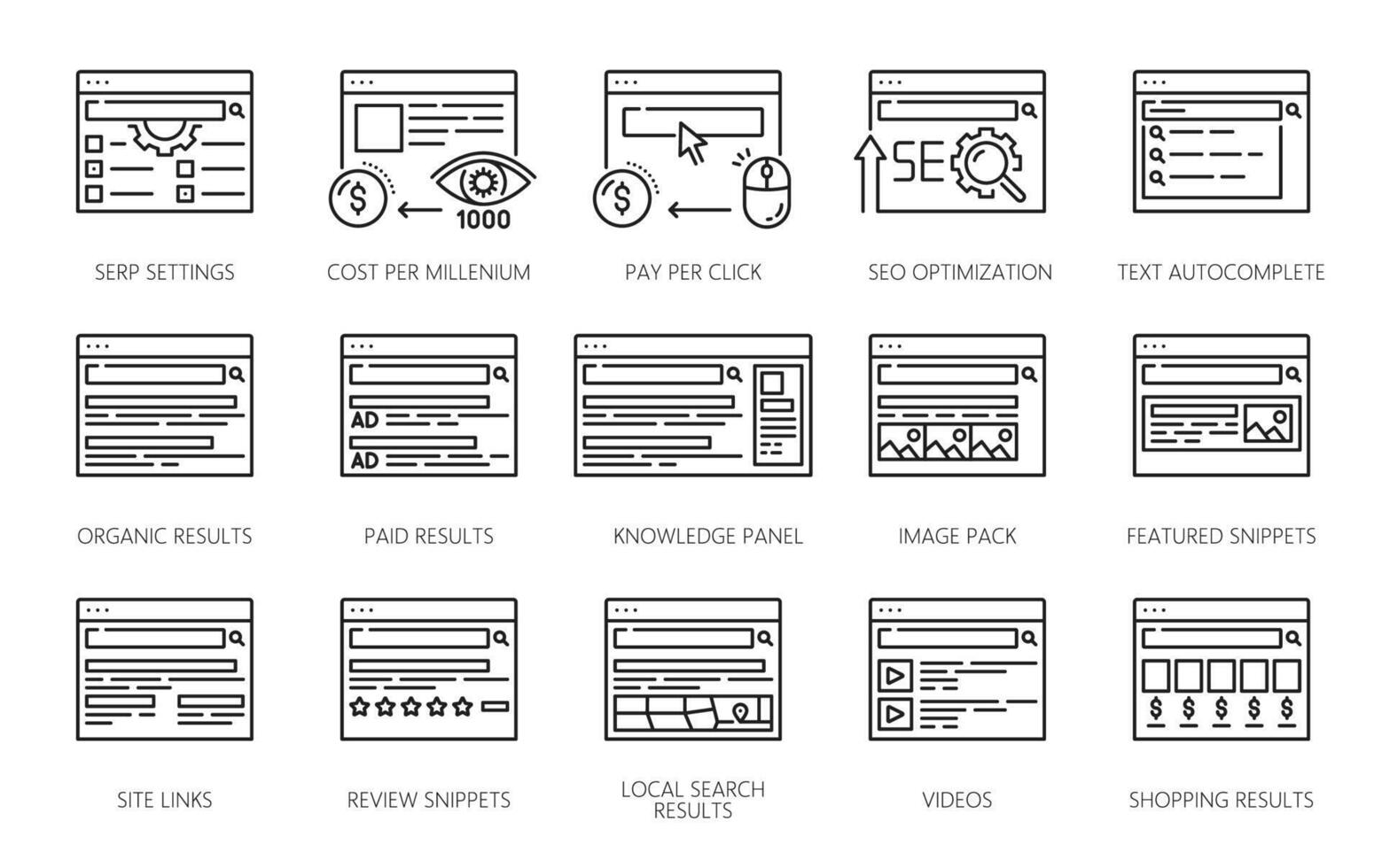 SERP icons. Search engine result page symbols vector