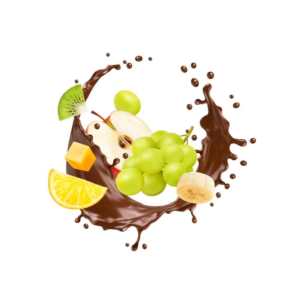 Chocolate yogurt, cream or milk splash with fruits vector