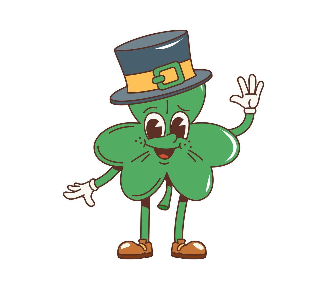 Cartoon retro shamrock trefoil clover character vector