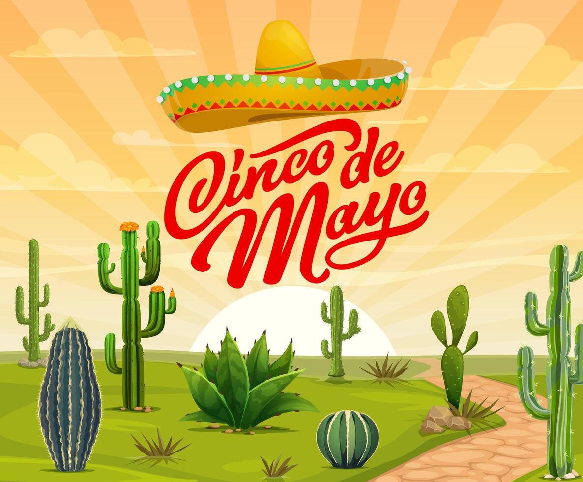 Cinco de Mayo banner, Mexican desert and cactuses vector