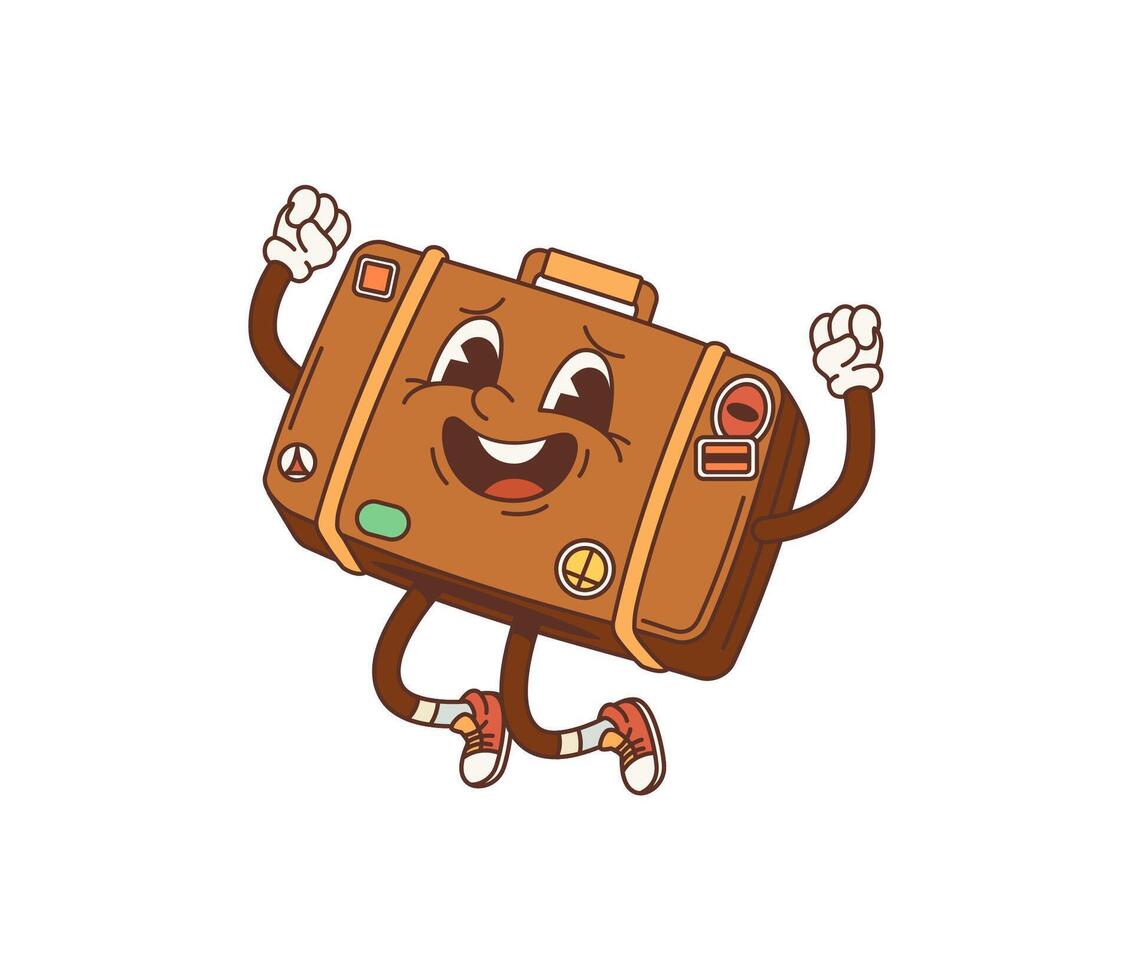 Cartoon retro travel suitcase groovy character vector