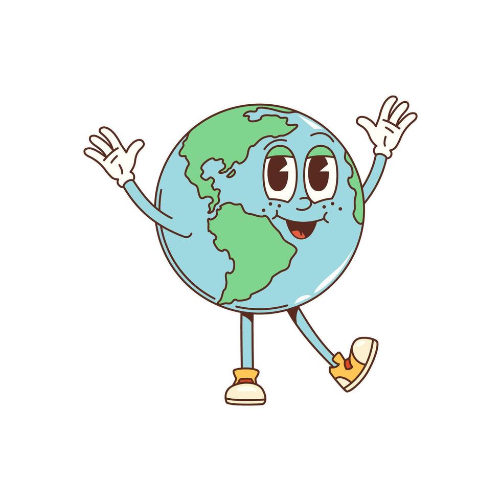 Cartoon groovy globe character, vector retro Earth