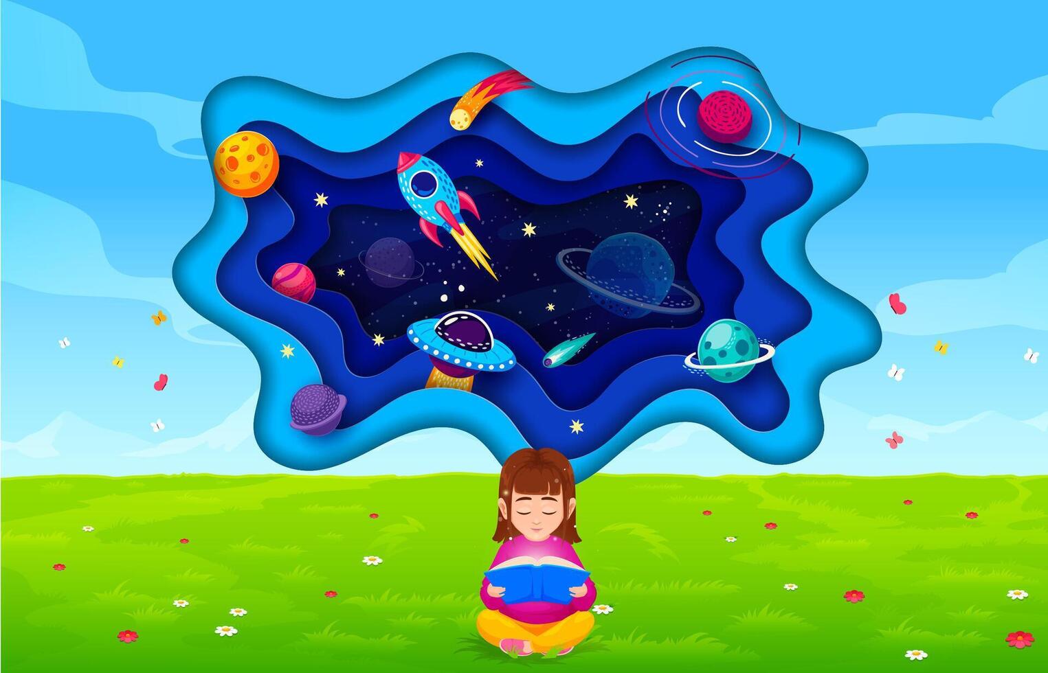 Girl reading book and thinking about galaxy space vector