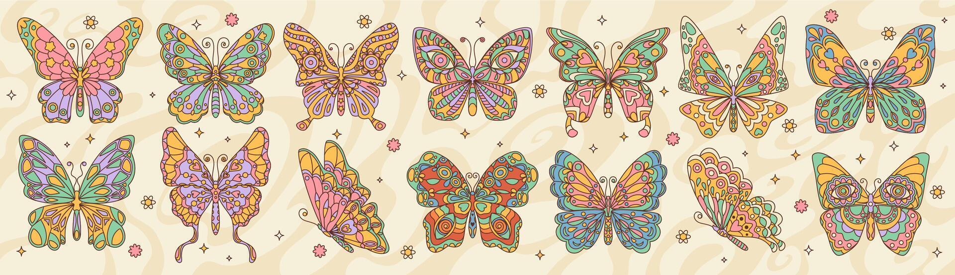 Retro groovy butterfly, cartoon hippie vector